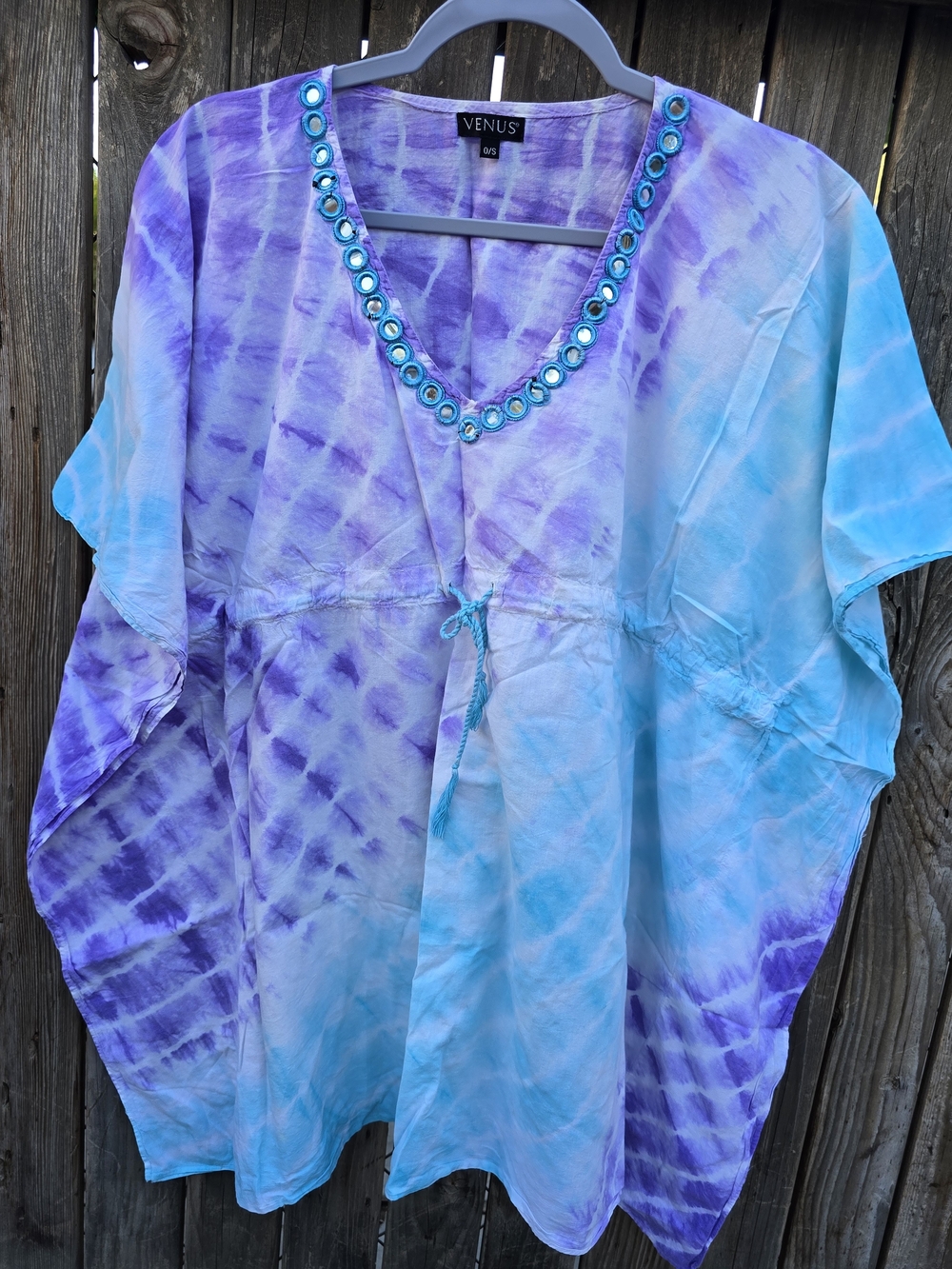 Tie-Dye V Neck Beach Cover Up in Aqua & Lavender One Size
